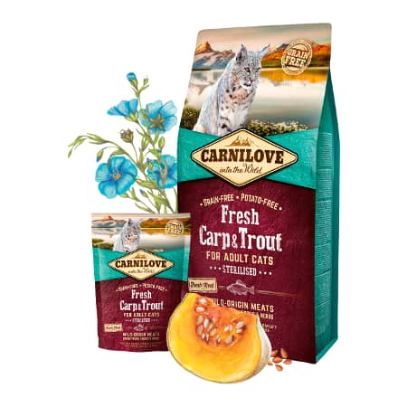 CARNILOVE CAT STERILISED CARP & TROUT sausā kaķu barība Svaiga karpa, forele 2kg